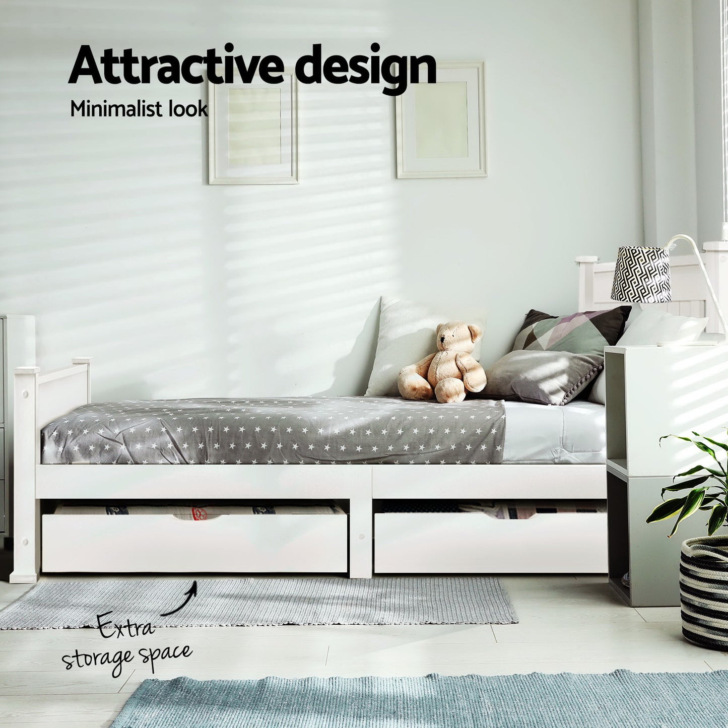Bed Frame Single Size Wooden with 2 Drawers White RIO