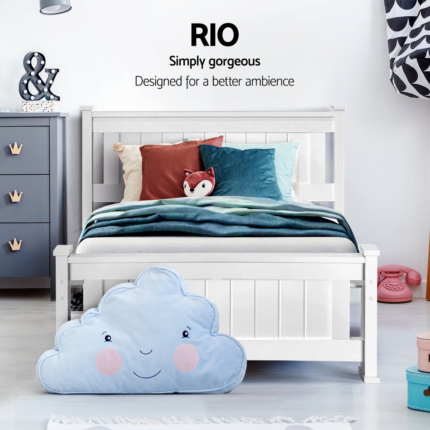 Bed Frame Single Size Wooden with 2 Drawers White RIO