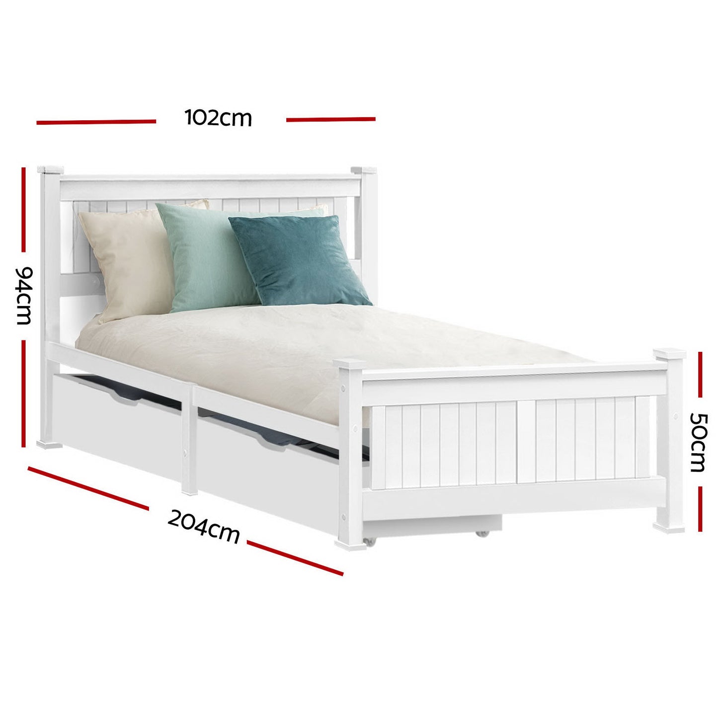 Bed Frame Single Size Wooden with 2 Drawers White RIO