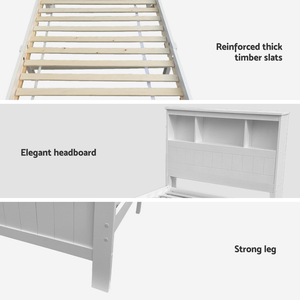 Bed Frame King Single Size Wooden with 2 Storage Drawers White