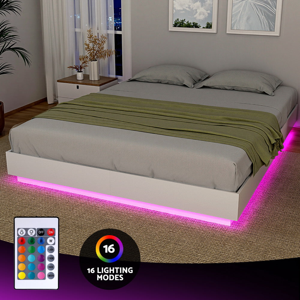 Double Bed Frame with 16Colour Led Light Wooden Platform Bed Base DAYGLOW