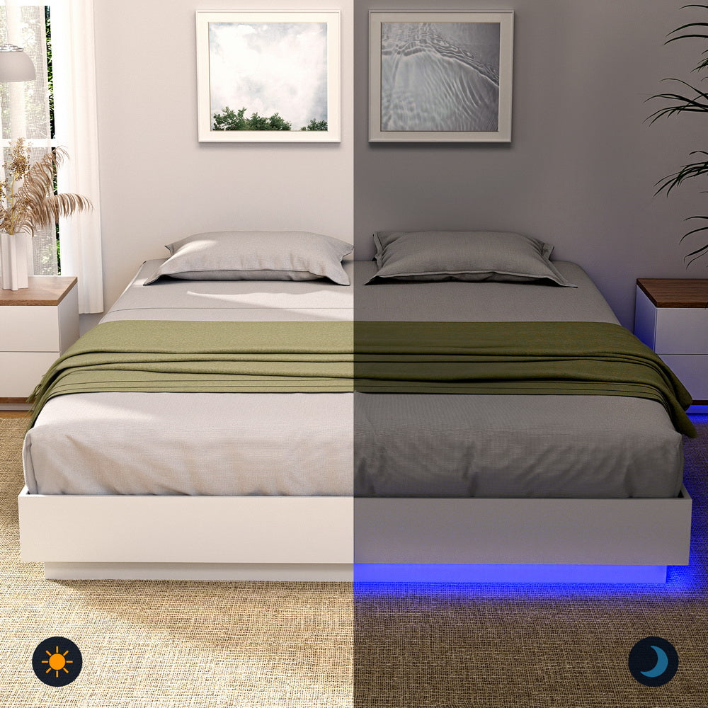 Double Bed Frame with 16Colour Led Light Wooden Platform Bed Base DAYGLOW