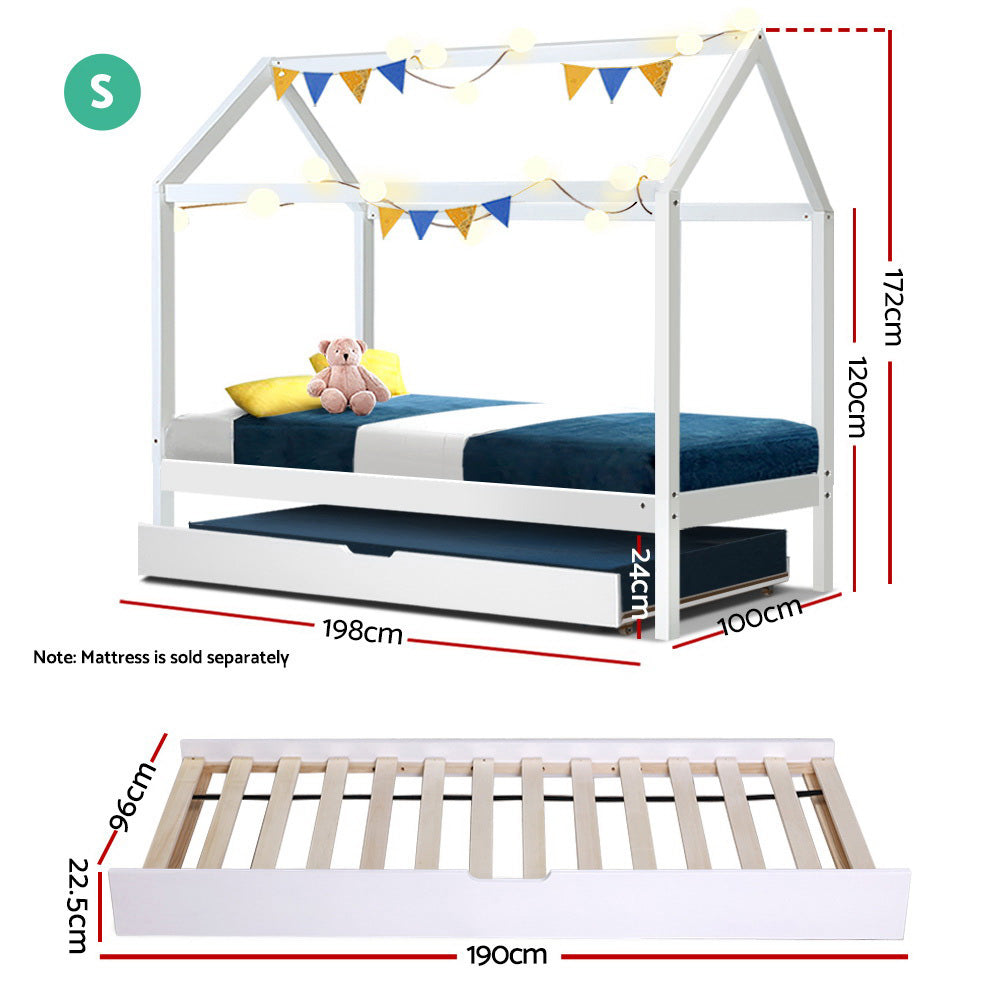 Bed Frame Wooden Trundle Daybed Kids House Frame White HOLY