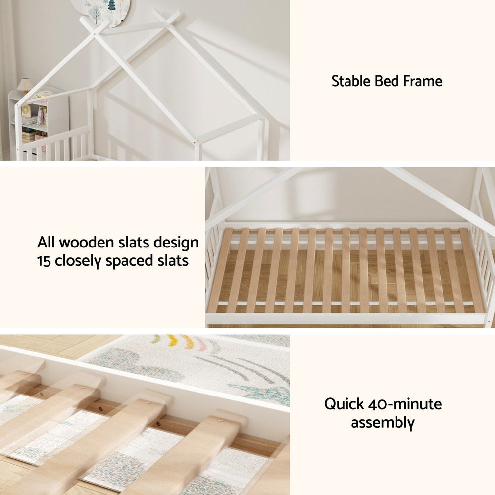 Bed Frame Wooden Base Kids Single Timber House Beds White