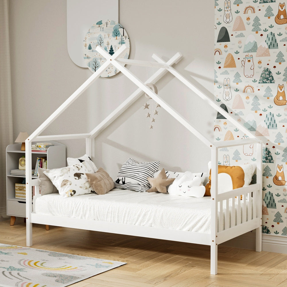 Bed Frame Wooden Base Kids Single Timber House Beds White