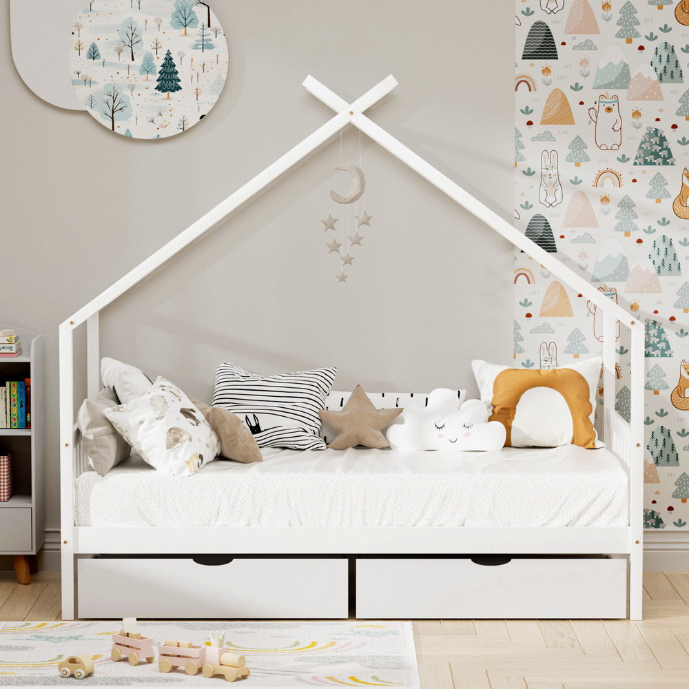 Bed Frame Wooden Base Kids Single Timber House  with 2 Storage Drawers Beds White