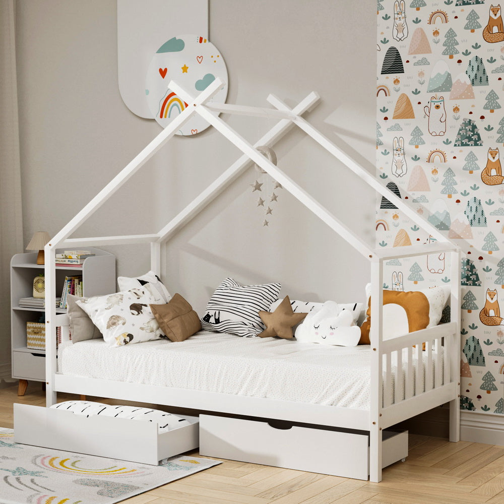 Bed Frame Wooden Base Kids Single Timber House  with 2 Storage Drawers Beds White