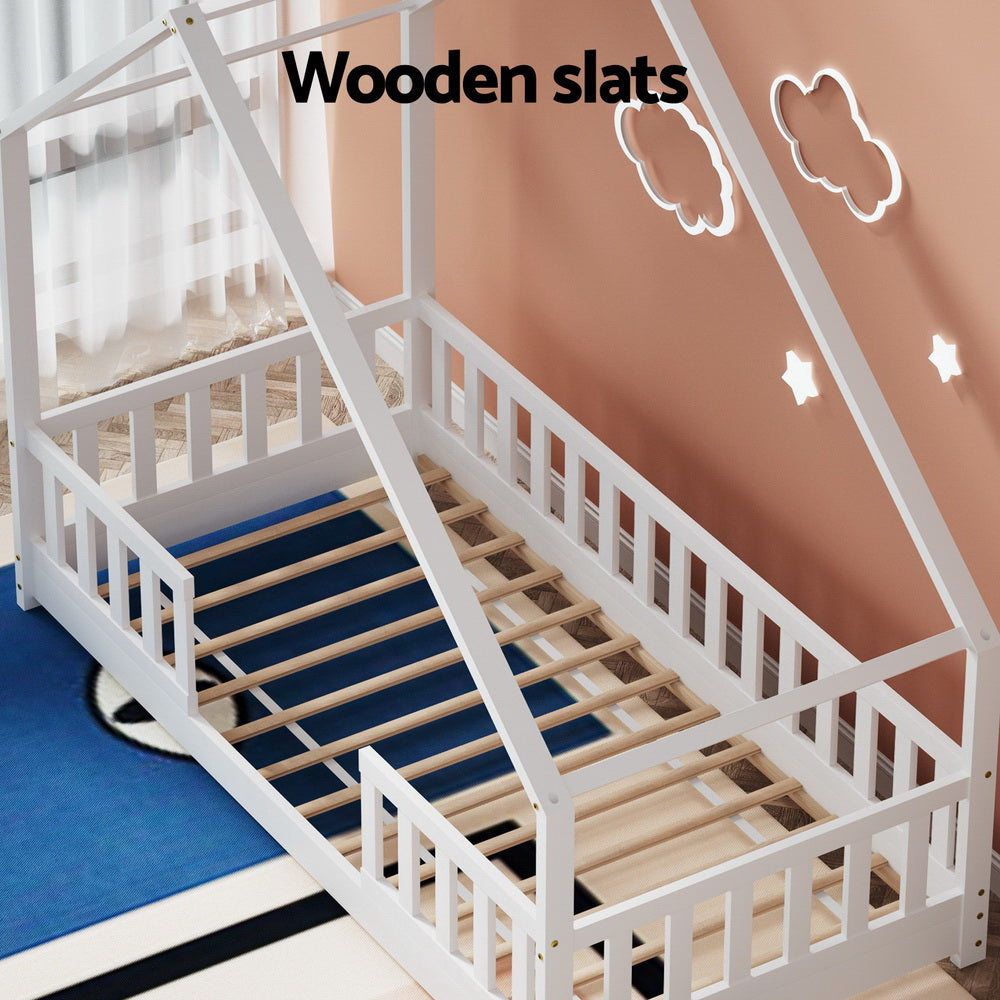 Bed Frame Wooden Kids House Single Frame White PAVO