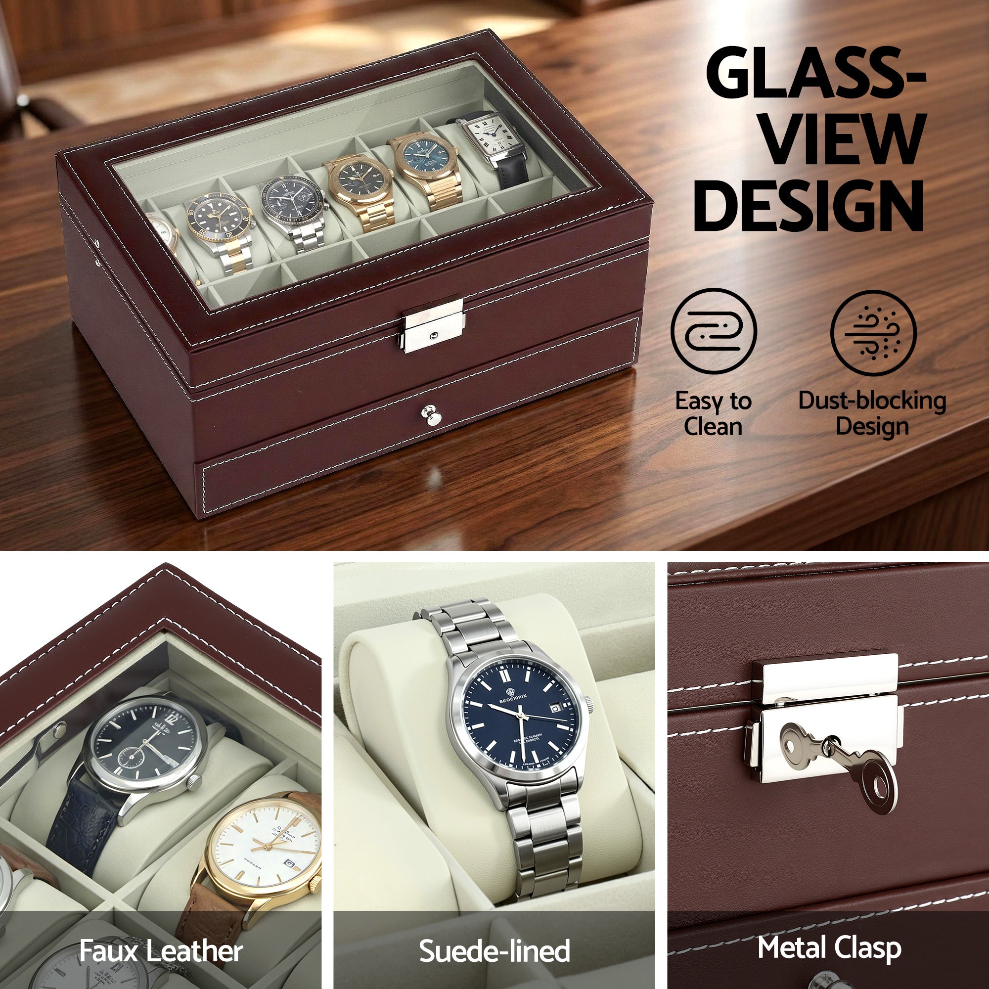 Embellir 12 Grids Watch Box Organizer Case Jewelry Display Storage Showcase