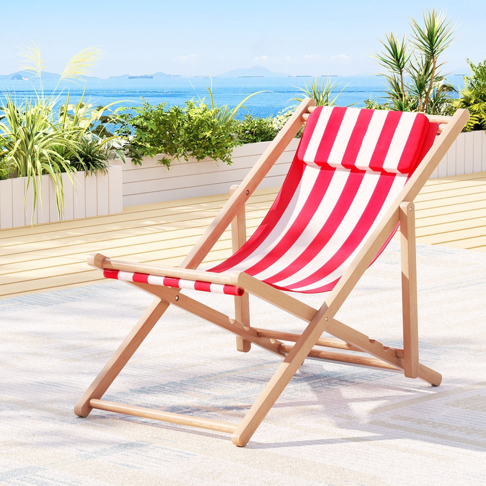 Outdoor Deck Chair Wooden Sun Lounge Folding Beach Patio Furniture Red