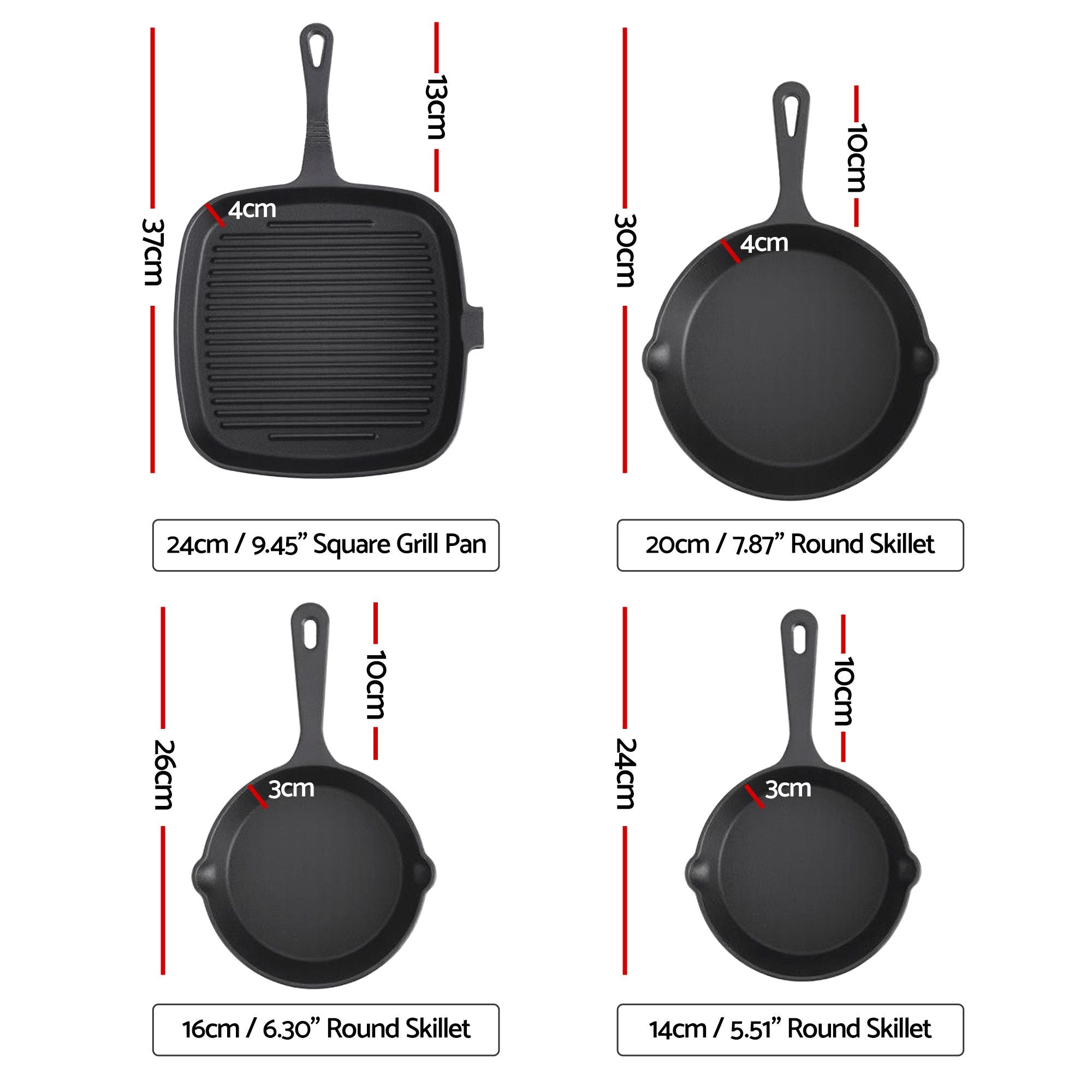 5-Star Chef Cast Iron Fry Pan Skillet Cookware Set Induction Black 14/16/20/24cm