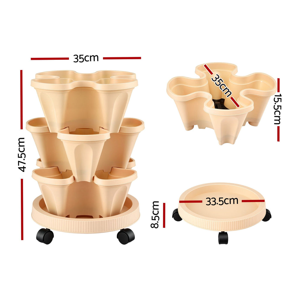 Green Fingers 3 Tier Stackable Vertical Planter Tower Strawberry Pot Wheels Beige