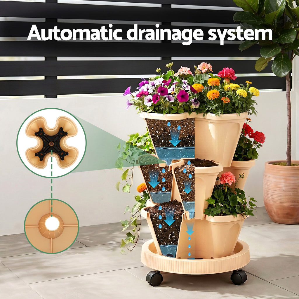 Green Fingers 3 Tier Stackable Vertical Planter Tower Strawberry Pot Wheels Beige