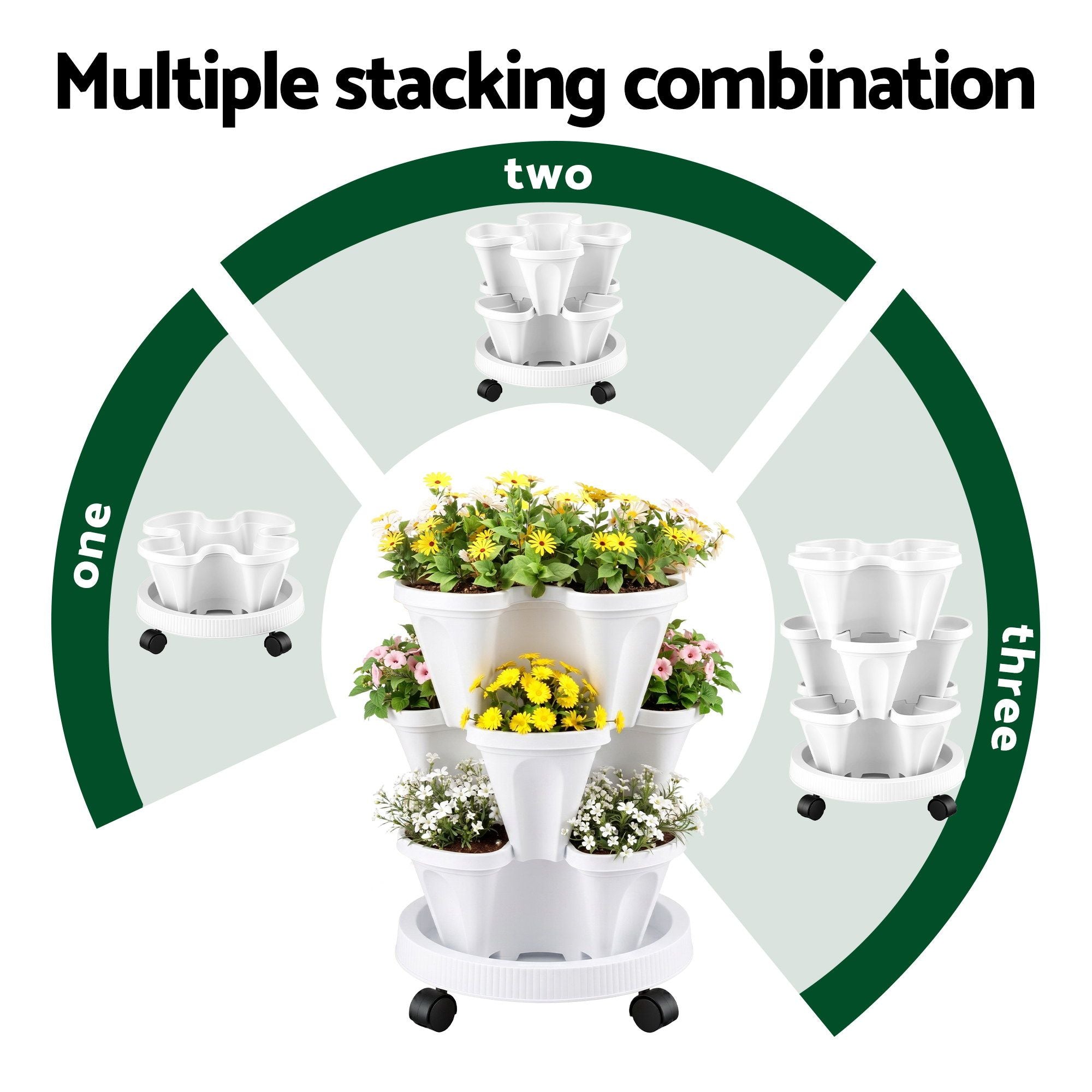 Green Fingers 3 Tier Stackable Vertical Planter Tower Strawberry Pot Wheels White