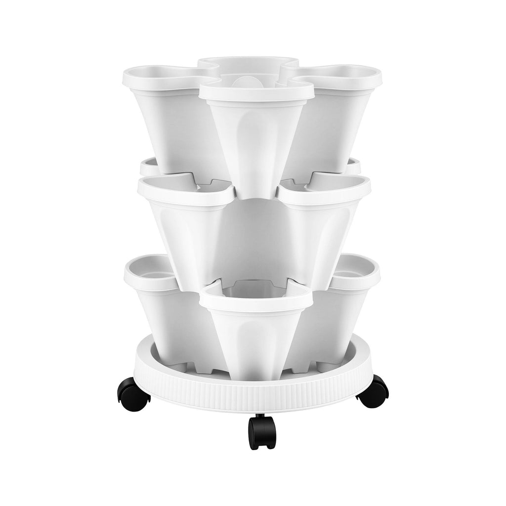 Green Fingers 3 Tier Stackable Vertical Planter Tower Strawberry Pot Wheels White