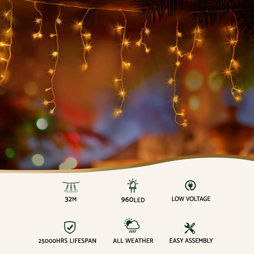32M Christmas Lights Icicle Light 960 LED Warm White