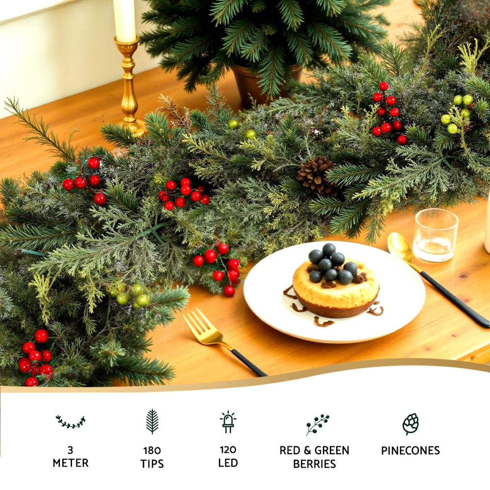 3M Christmas Garland Pre-lit LED with Pine Cones Xmas Decor Green