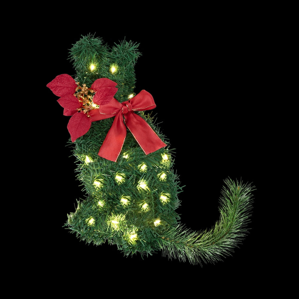 Cat Christmas Wreath Pre-lit 20 LED Xmas Decor Bow Flower 35x30cm