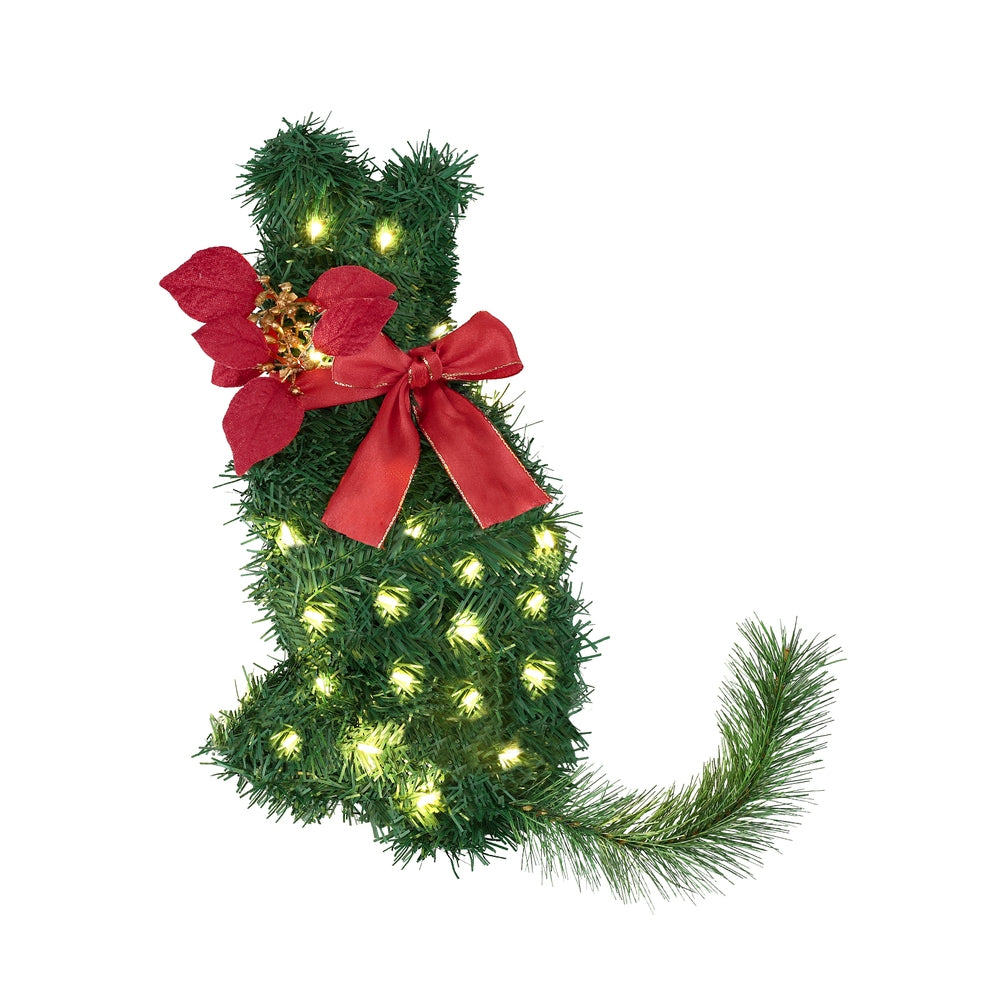 Cat Christmas Wreath Pre-lit 20 LED Xmas Decor Bow Flower 35x30cm