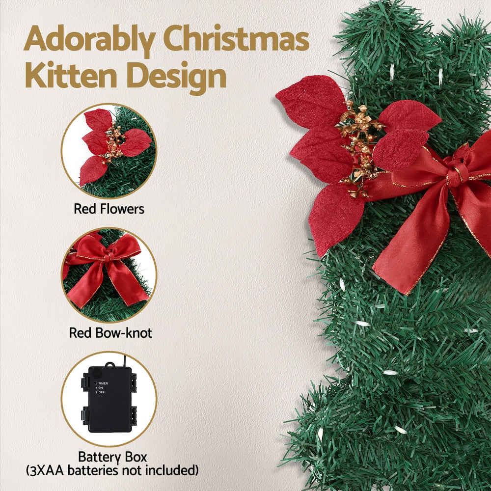 Cat Christmas Wreath Pre-lit 20 LED Xmas Decor Bow Flower 35x30cm