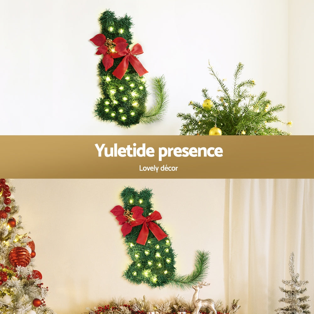 Cat Christmas Wreath Pre-lit 20 LED Xmas Decor Bow Flower 35x30cm