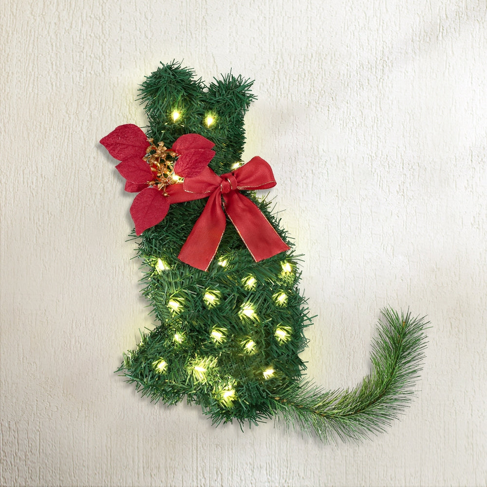 Cat Christmas Wreath Pre-lit 20 LED Xmas Decor Bow Flower 35x30cm