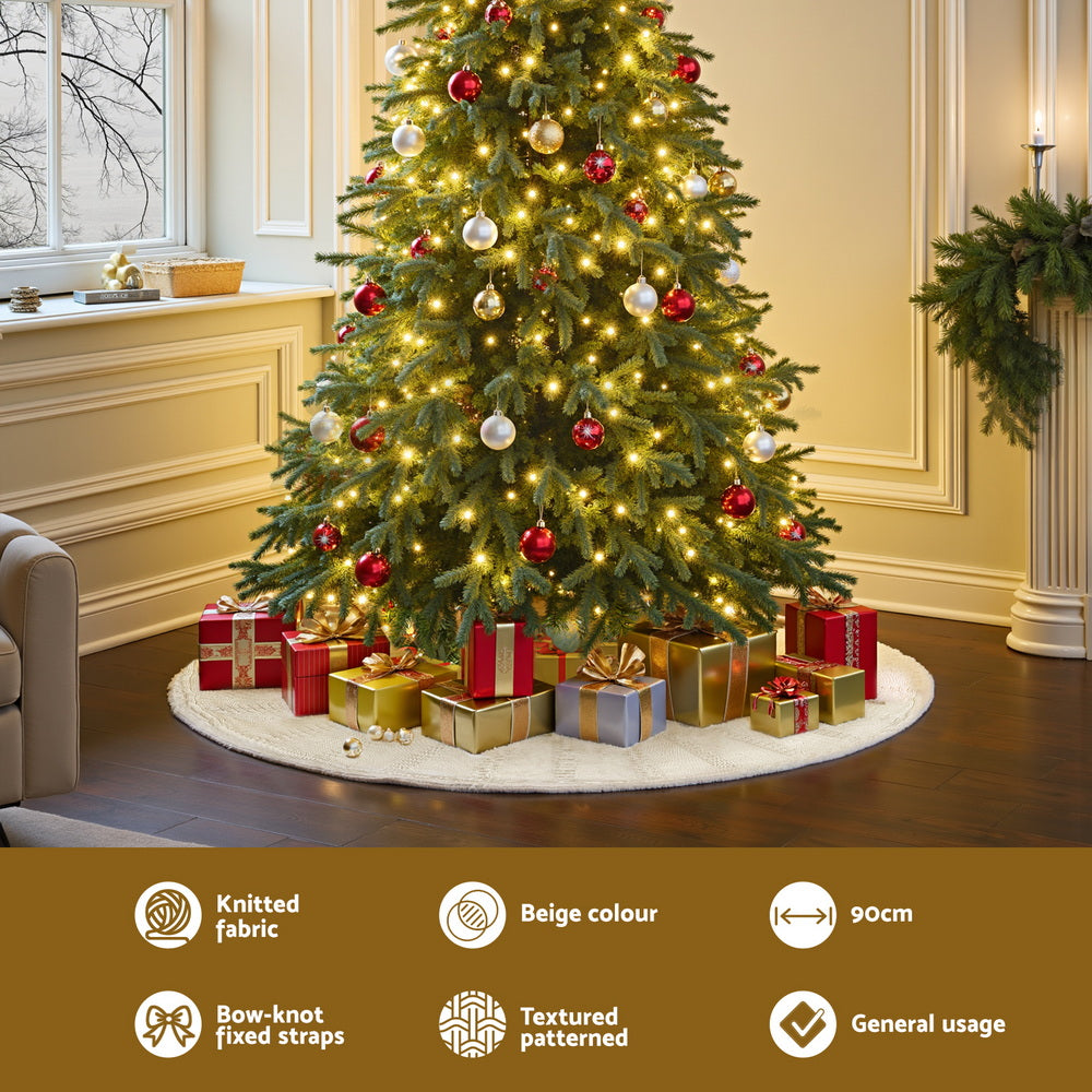 Christmas Tree Skirt 90cm Knitted Fabric Xmas Ornament Decor Beige